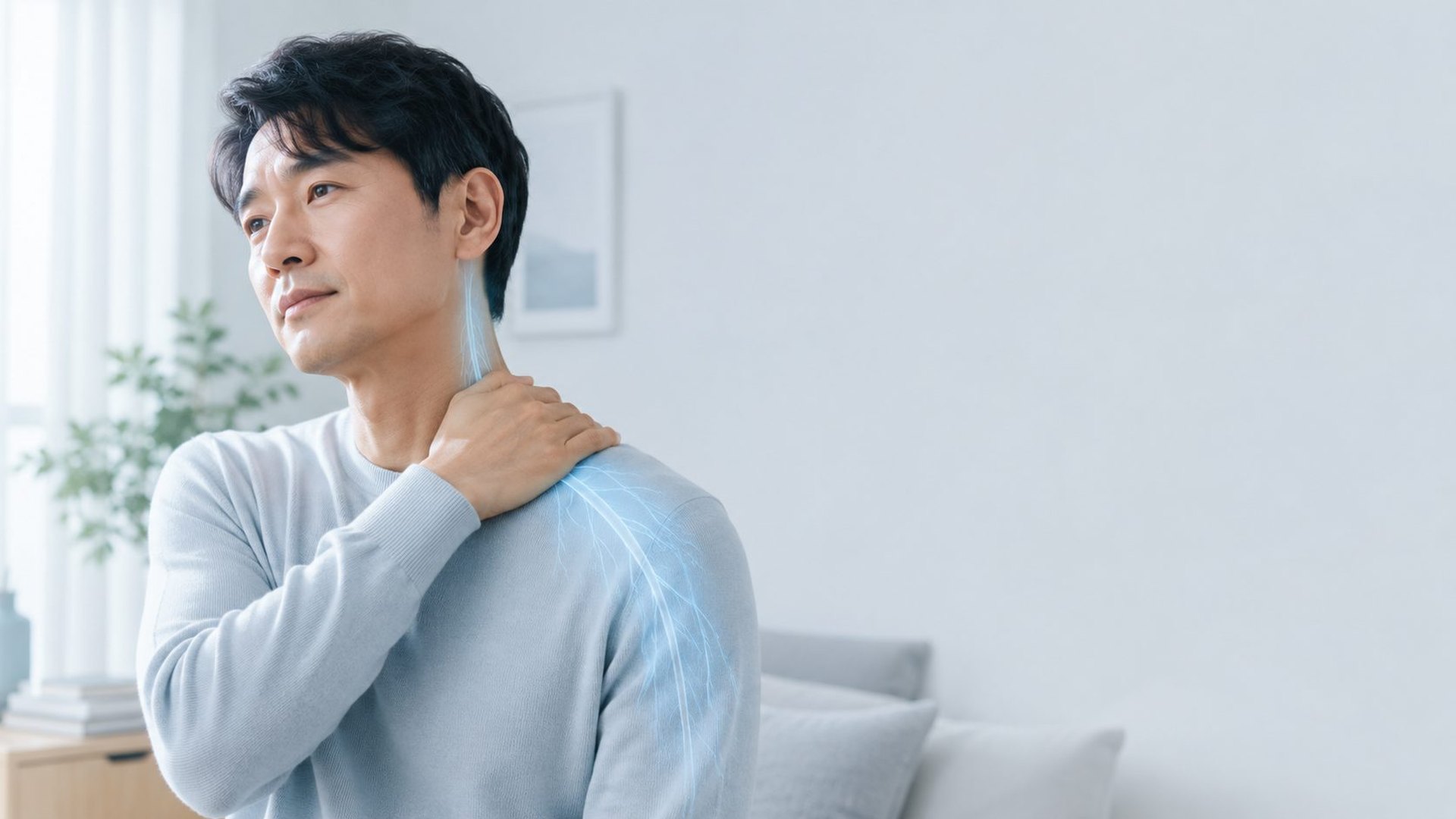손 저림 때문에 손목을 주무르고 있는 모습