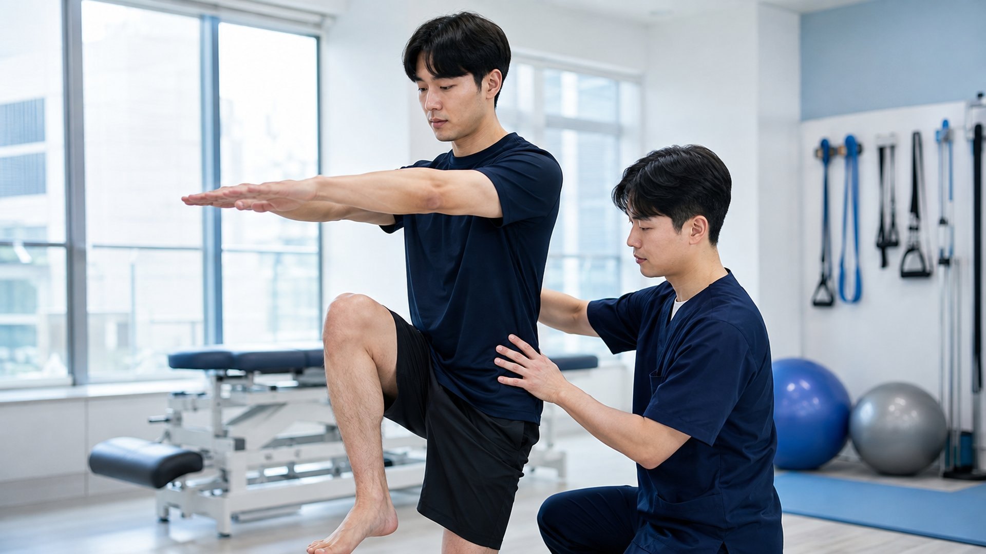 목과 어깨의 불편으로 목 뒤를 짚고 있는 모습