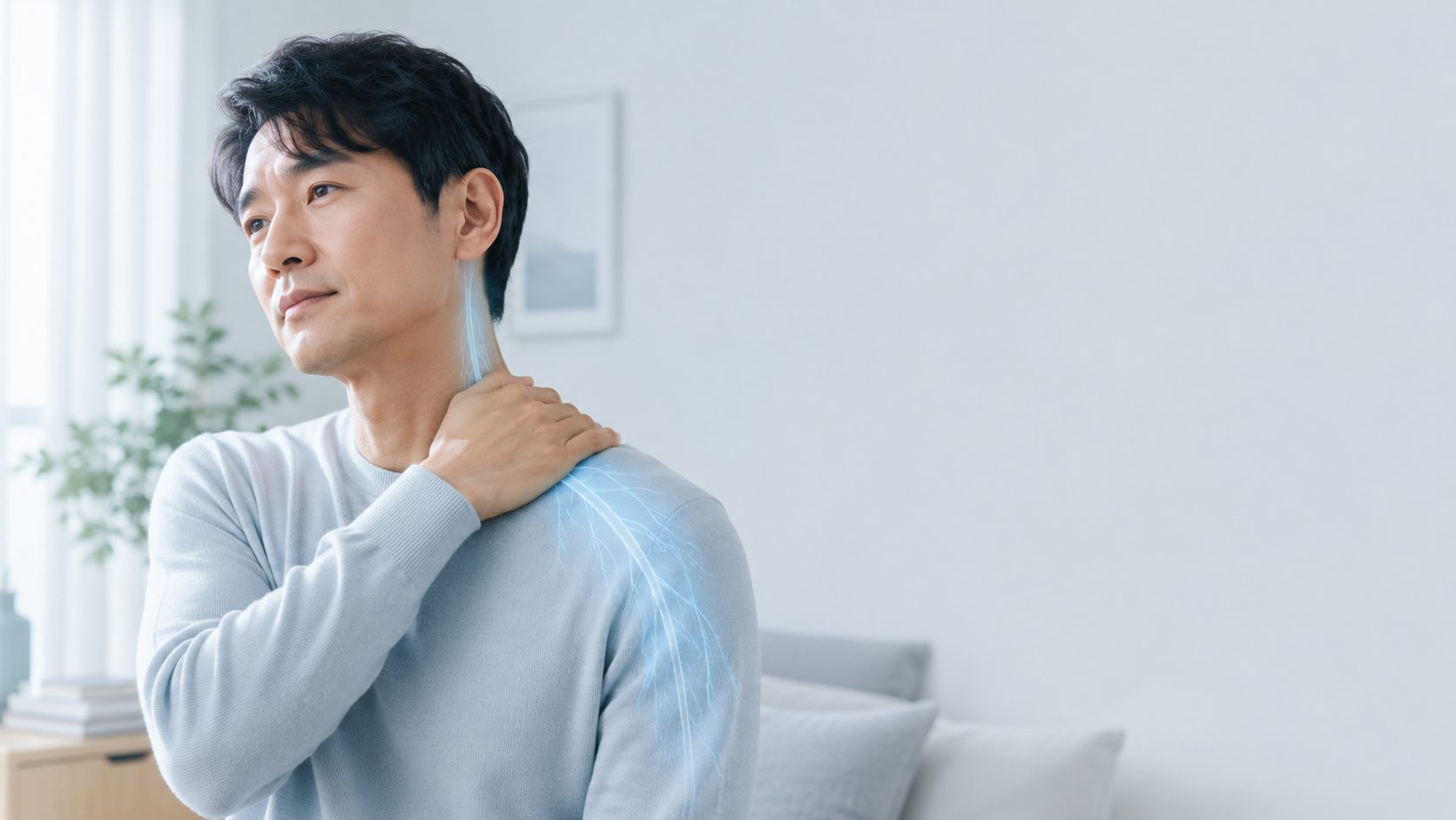 목과 어깨의 저릿한 불편감을 살피는 중년 남성, 피부 위로 은은한 신경 라인
