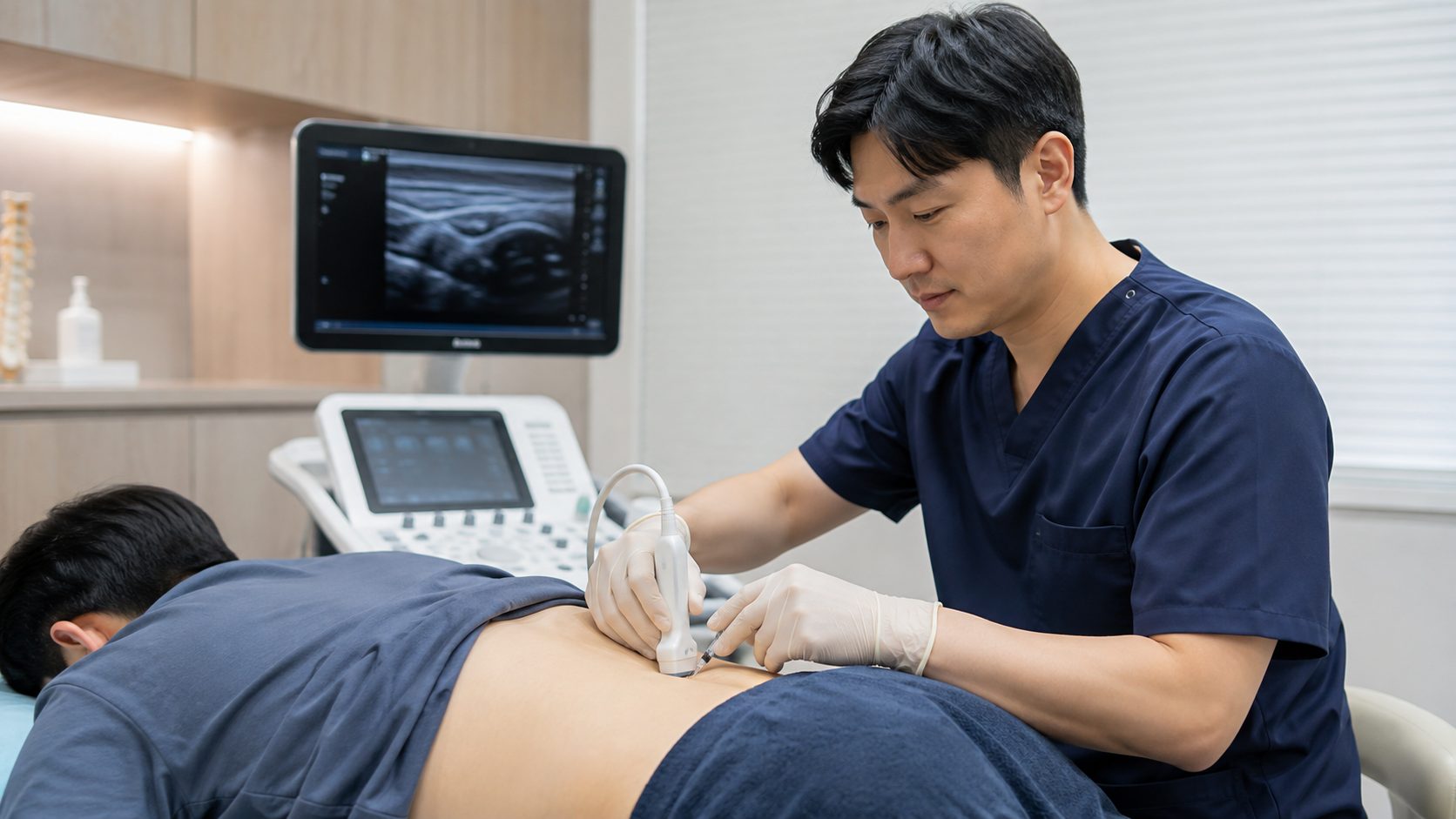 초음파를 활용해 허리 주변을 확인하는 진료 장면